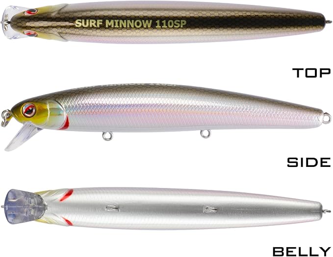 LITTMA California Surf Fishing Lures Saltwater Jerkbait Crankbait Surf Minnow 110/125 - Metallic Sardine Super Glow & Pearl Pink Belly Glow Lures for Halibut & Striper Fishing