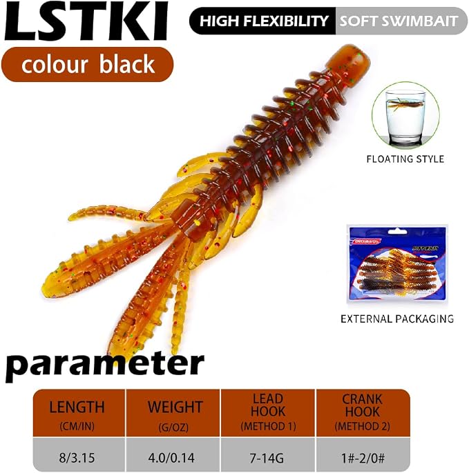 10 Pcs Soft Swimbait Lures, 6.4cm/2.5in Shrimp Shape Soft Plastic Fishing Lures Kit, Bass Fishing Lure Swim Baits with 5 Color, for Fishing Trout, Crappie, Bass, Redfish, Freshwater, Saltwater