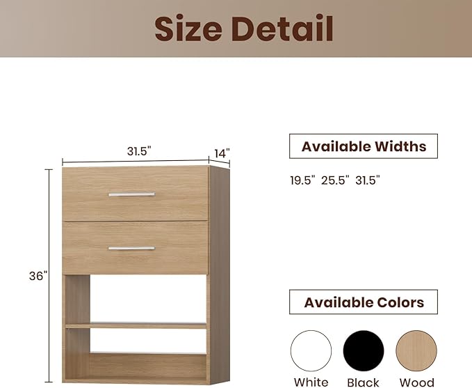 ROOMTEC 31.5" 2 Drawer Short Tower Closet Unit, Modular Closet System with Drawers and Shelf, Wardrobe Organizer for Bedroom or Walk-in Closet, Wall Mounted, Customizable Clothes Storage Unit, Wood