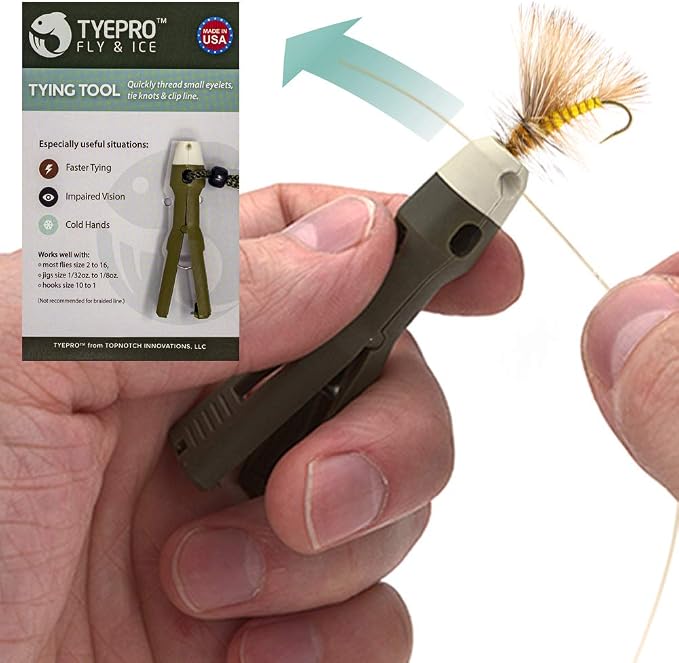 Fly and Ice Fishing Knot Tying Tool - Easily Tie Hooks, Jigs and Flies, Grip Eyelet, Thread Line, and Clip Fishing Line With One Accessory