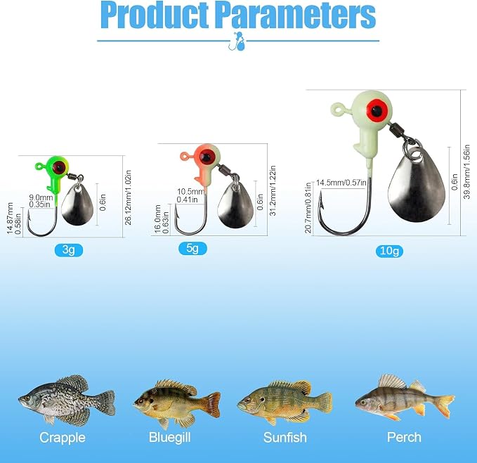 15/20/30Pcs Underspin Jig Heads with Spinner Fishing Jig Heads Hooks Set Crappie Jigs Fishing Jig Hooks Assortment Saltwater Freshwater Bass Crappie Trout Glow in The Dark…