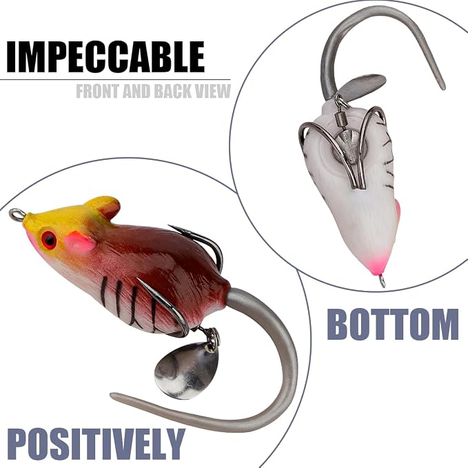 Topwater Mouse Fishing Lures, Realistic Mouse Rat Lure Baits for Bass, Trout, Catfish, Pike, Perch - Rat Lure Includes Tackle Box - Freshwater & Saltwater Angling