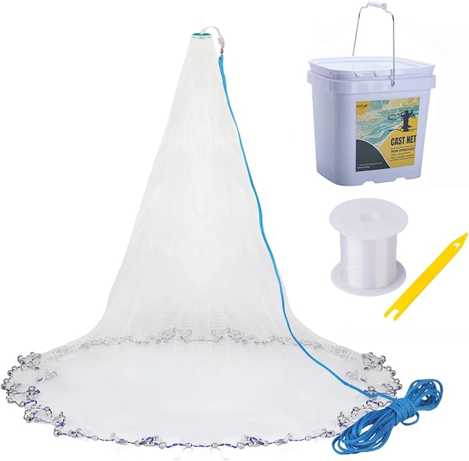 Goture American Fishing Cast Net,Casting Nets Freshwater Saltwater for Bait Fish Shrimp Trap 3ft/4ft/6ft/7ft/8ft/10ft/12ft Radius 1/4 3/8inch Mesh Size,Throw Fishing Castnet with Needle Shuttle