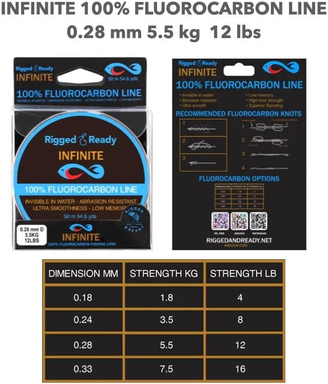 Rigged and Ready Infinite Fluorocarbon - Fluorocarbon Fishing Line Leader-50m 54.6y Virtually Invisible=More Bites. 4/8/12/16lb, 1.8/3.6/5.5/7.5kg-Saltwater Freshwater