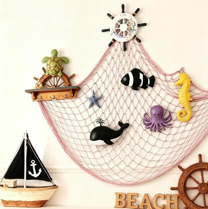 2 Pack Decor Fish Net for Party, 5x10 ft Large Pink Decorative Fishing Net for Mermaid, Ocean, Beach, Under The Sea Themed Parties, Hanging Plush Toys, Picture Display, Tables Runner & Balloon Stand