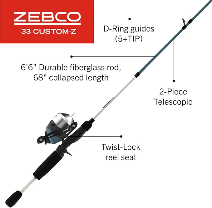 Zebco 33 Custom-Z Spincast Reel and Fishing Rod Combo, Telescopic Rod, 4.1:1 Gear Ratio, 14-Piece Strike King Tackle Kit