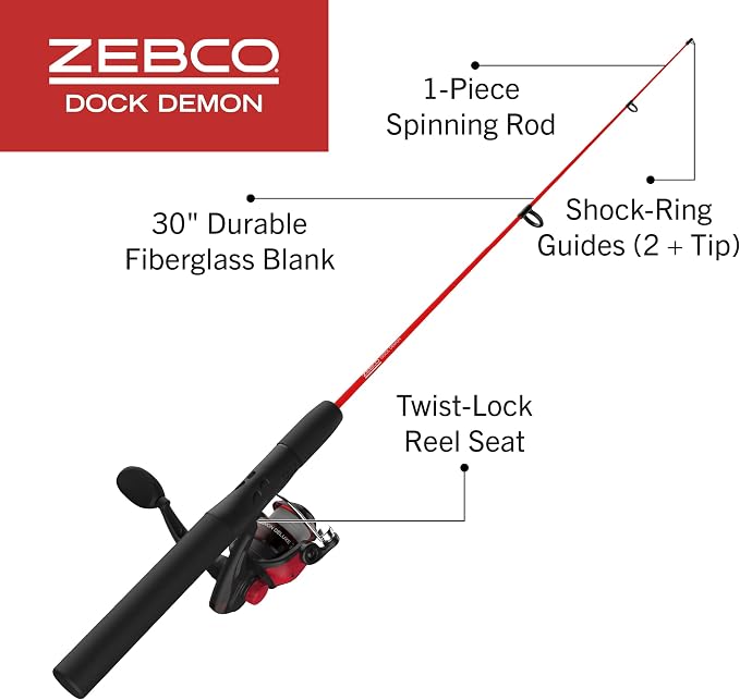 Zebco Dock Demon Spinning Reel or Spincast Reel and Fishing Rod Combo, 30-Inch Durable Fiberglass Rod, QuickSet Anti-Reverse Fishing Reel