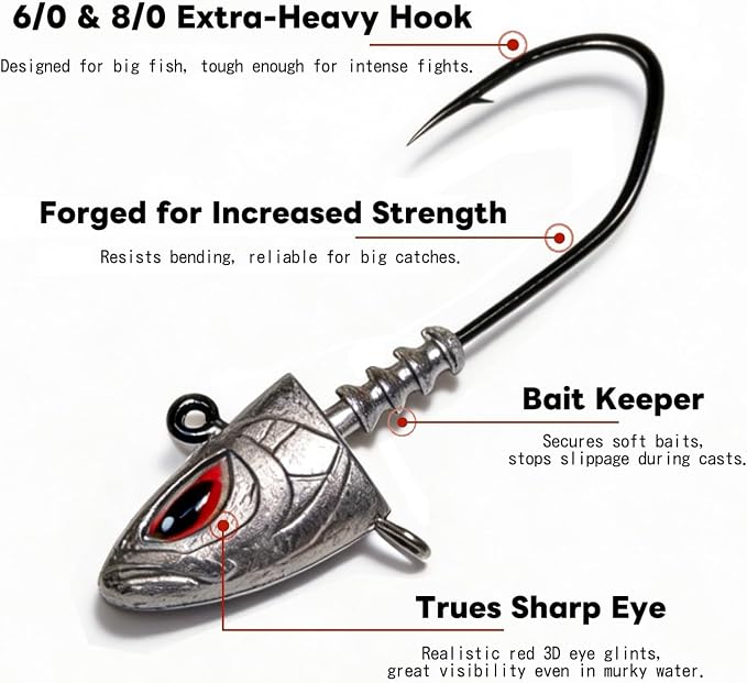 Saltwater Jig Heads 10 Pack, 3D Red Eyes with Bait Keeper & Belly Trailer Hole, 3/4oz to 1-3/4oz, 6/0 & 8/0 Hooks for Inshore Offshore Saltwater Fishing