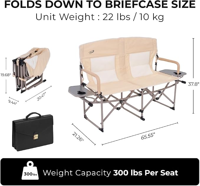 Camphor Designs Heavy Duty Portable Folding Camping Chair for Adults with Padded | for Outdoor & Sports, Backpacking, Beach, Lawn, Hunting, Tailgating, Fishing | Supports 400 Lbs (Double, Beige)