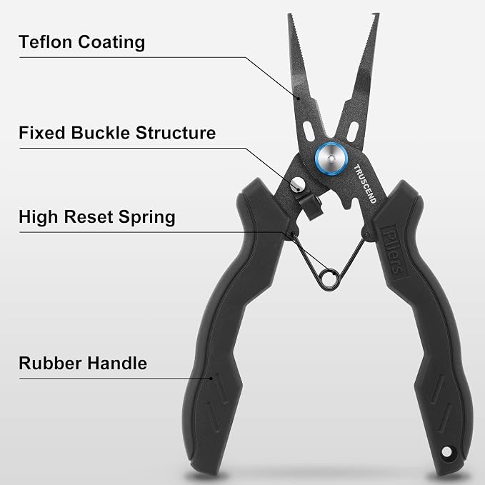 TRUSCEND Easy Use Lockable Fishing Pliers with Tungsten Carbide Cutter, Innovative Ergonomic Handy Handle, Saltwater Corrosion Resistant Teflon Coated Fishing Tool, Light Multi-Function Fishing Gear