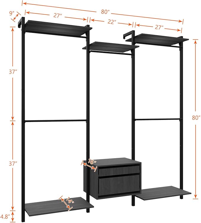 Wall-Mounted Steel & Wood Closet Organizer System with 4 Adjustable Shelves, 5 Hanging Rods, and 2 Drawers – Modern Open Wardrobe, Black