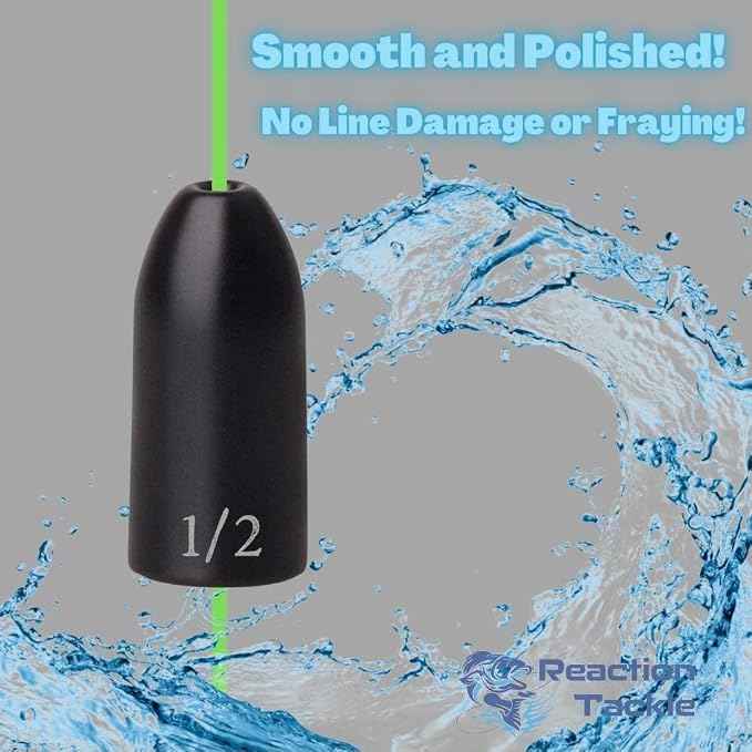 Reaction Tackle Tungsten Worm Weights for Bass Fishing - Bullet Shaped Sinkers/Fishing Weights - for Texas Rig and Carolina Rig/Size Stamped