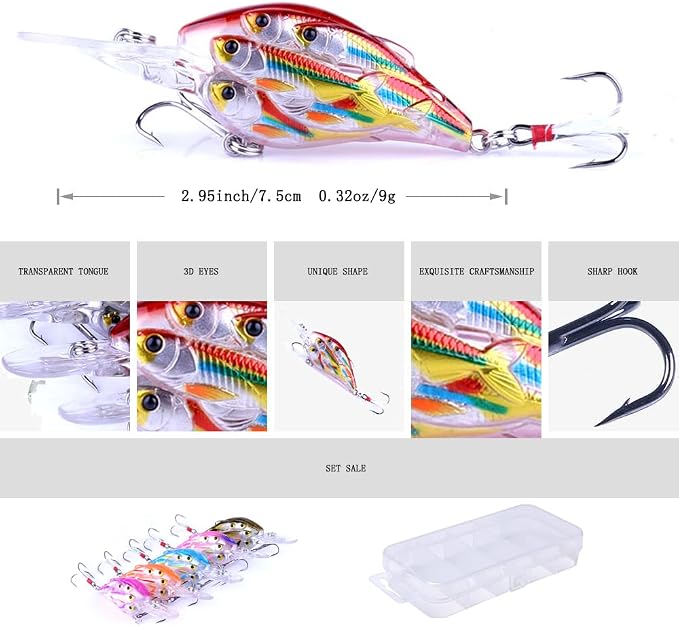 CrankBaits Fishing Lures CrankBait of Bass,Topwater Lures for Freshwater and Saltwater Shallow Water Deep Diving Swimbait,Topwater Bait for Trout Bass Fishing Lure,5pcs/Box