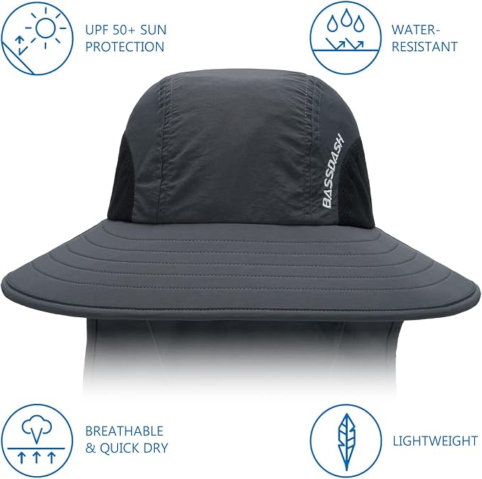 BASSDASH UPF 50+ Unisex Water Resistant Wide Brim Sun Hat with Large Neck Flap Ponytail Fishing Hat for Men Women