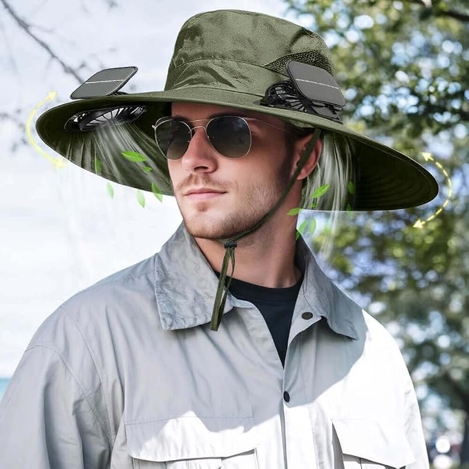 Solar Powered Fan Hat for Men Women Wide Brim Hat with 2 Fans UPF 50+ Outdoor Fishing Beach Sun Hat