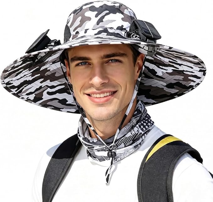Men Sun Hat with 2 Solar Fan UPF 50+ Fishing Hats Wide Brim UV Protection Sun Hat, USB Charging