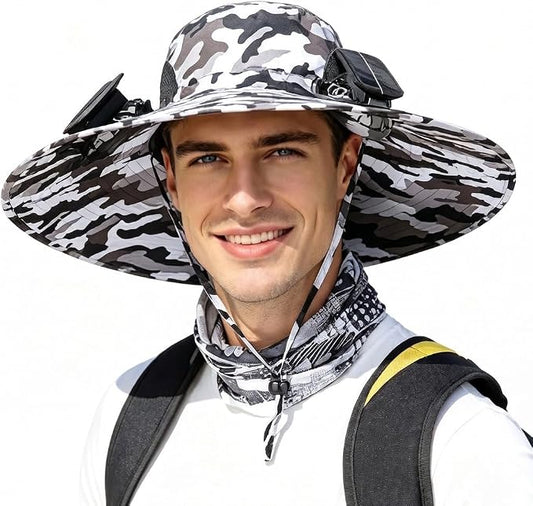 Men Sun Hat with 2 Solar Fan UPF 50+ Fishing Hats Wide Brim UV Protection Sun Hat, USB Charging