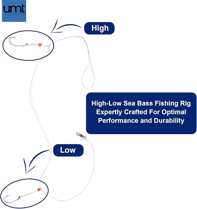 Sea Bass Hi/Lo Saltwater Fishing Rigs 1, 5 &10 Pack Bulk Options - Uncle Mo’s Tackle – Mustad Size 3/0 Bait Hook, 60lb Heavy Duty, 80lb Swivel & Sinker Loop, Hand Tied - for Fluke Porgy Snapper Croaker Sea Trout Tautog Spot Pompano