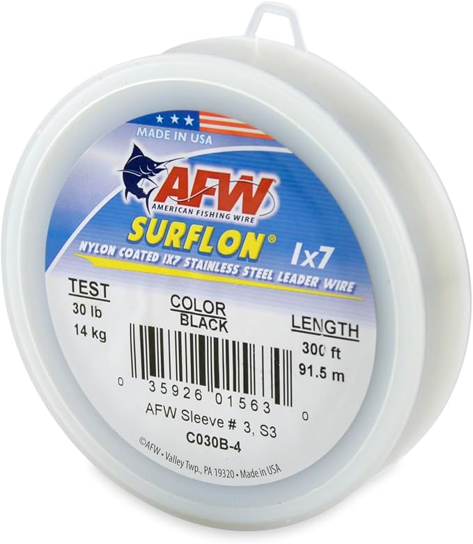 American Fishing Wire Surflon Nylon Coated 1x7 Stainless Steel Wire Leader - Wire Fishing Leader Line for Saltwater 10lb Up To 250lb Test in Bright, Black, Camo in 30ft, 100ft, 300ft, & 1000ft Lengths