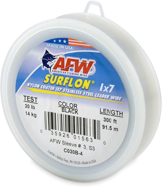 American Fishing Wire Surflon Nylon Coated 1x7 Stainless Steel Wire Leader - Wire Fishing Leader Line for Saltwater 10lb Up To 250lb Test in Bright, Black, Camo in 30ft, 100ft, 300ft, & 1000ft Lengths
