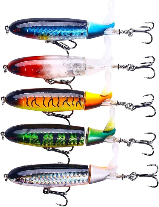 Topwater Fishing Lures With Storage Box, Whopper Popper for Bass, Catfish, Pike, Perch - Floating Pencil Bait With Rotating Tail for Freshwater or Saltwater
