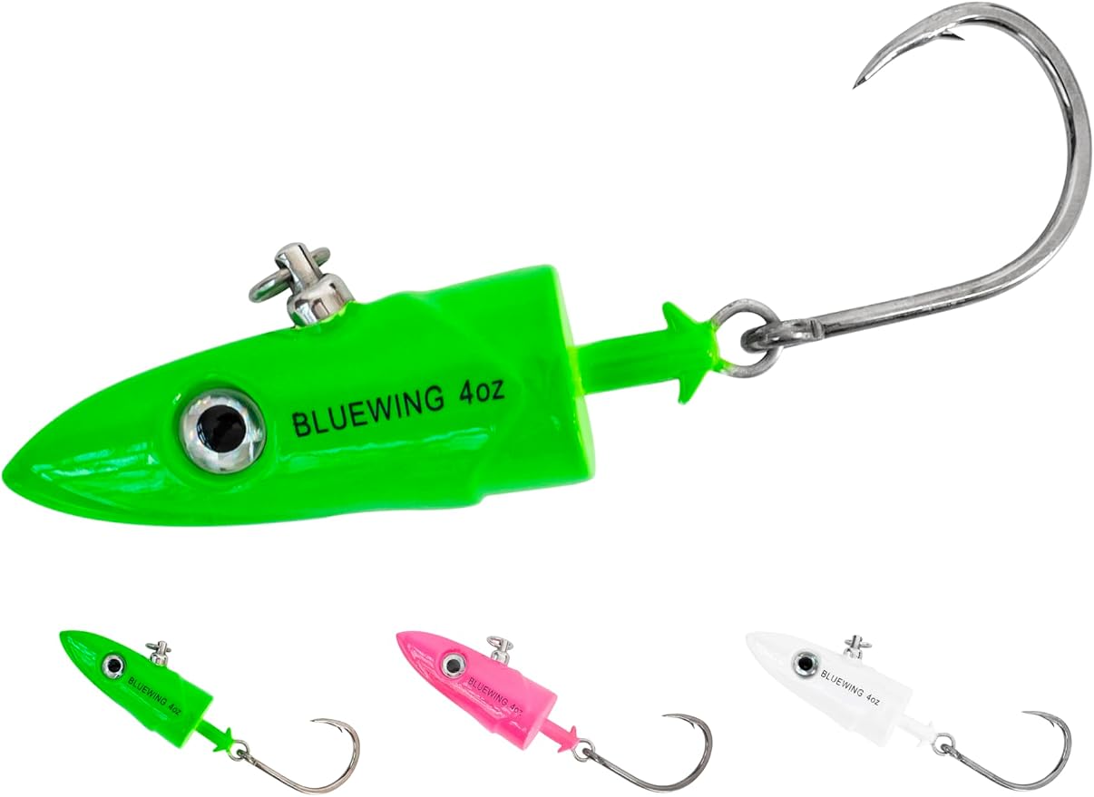 BLUEWING Jig Heads Saltwater 2oz,3oz,4oz,5oz,6oz,7oz Swimming Jigheads 1pc with High Carbon Steel Swing Hook and 6in/9in Replacement Tail Big Game Fishing Lures