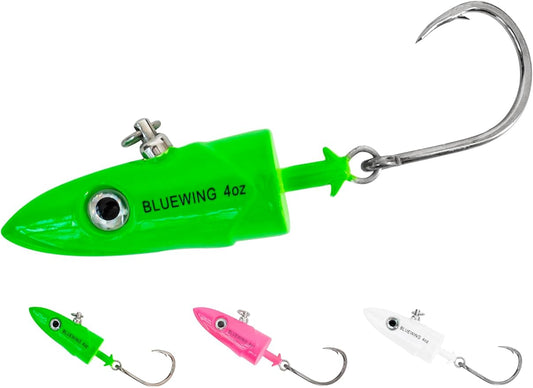 BLUEWING Jig Heads Saltwater 2oz,3oz,4oz,5oz,6oz,7oz Swimming Jigheads 1pc with High Carbon Steel Swing Hook and 6in/9in Replacement Tail Big Game Fishing Lures