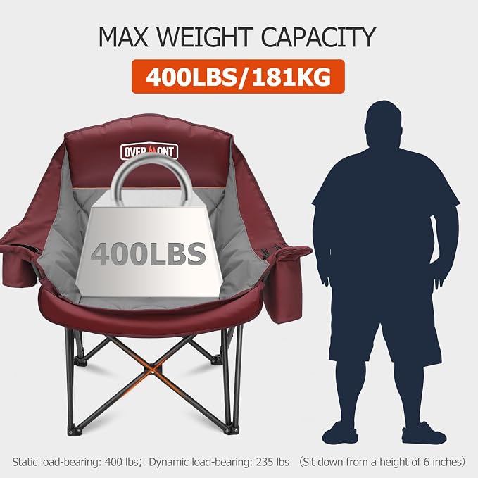 Overmont Oversized XL Camping Chair for Adults - 500lbs Support Heavy-Duty Padded Folding Chair with Side Pocket Cup Holder Cooling Bag for Outdoor Sports Garden Beach Fishing Lawn Red 2pcs