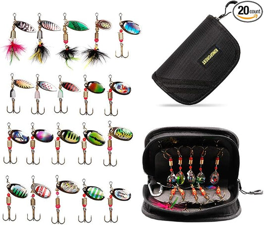 KINGFOREST 10-20pcs Fishing Lures Spinnerbait for Bass Trout Salmon Walleye Hard Metal Spinner Baits Kit with Tackle Box