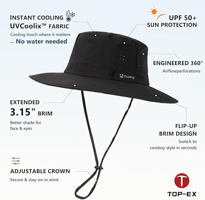 TOP-EX UVCoolix™ Cooling Sun Hat for Men Women, UPF 50+ Wide Brim Safari Hat, 360° Breathable Boonie Hats for Hiking, XL/XXL