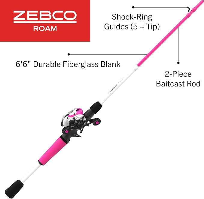 Zebco Roam Baitcast Reel and Fishing Rod Combo, 6-Foot 6-Inch 2-Piece Fiberglass Fishing Pole with Split-Grip MaxTac Rod Handle, Lightweight Graphite Frame, Right-Hand Retrieve