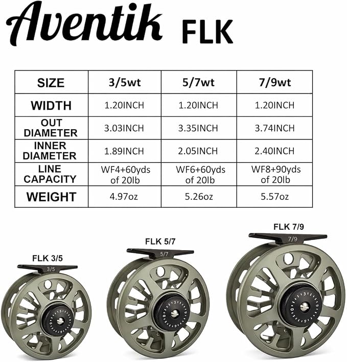 Aventik FLK Fly Fishing Reel Aluminum Trout 3/5, 5/7, 7/9wt Large Arbor Freshwater Fly Reel