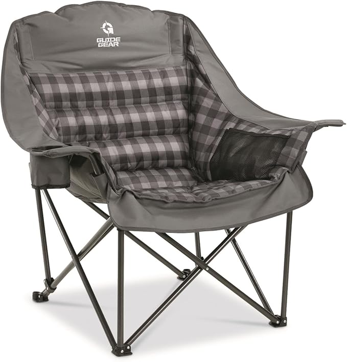 Guide Gear Oversized Extra Large Padded Camping Chair, Portable, Folding, Large Camp Lounge Beach Chairs for Outdoor, Adults, Men and Women, Heavy-Duty 400 Pound Capacity, with Cup Holder Gray Plaid
