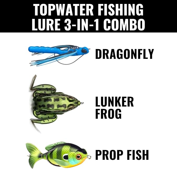 Lunkerhunt TOPCOM01 Topwater Combo – Assortment | Dragonfly, Lunker Frog, & Prop Fish | Durable Fishing Lures