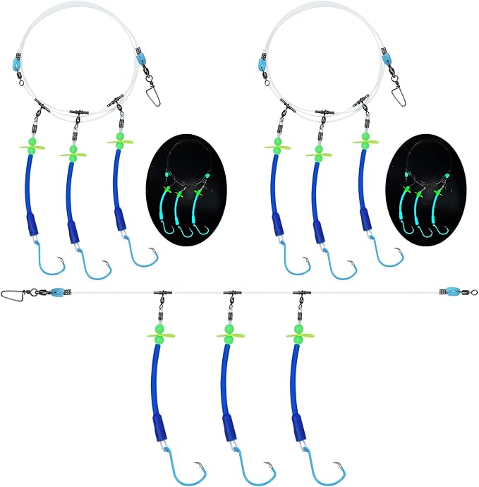 Pre-Rigged Deep Drop Saltwater Rigs – Glow Tubes, Hooks, Beads & Spinner Blade – 6/0 8/0 Circle Hooks for Snapper/Grouper/Tilefish (3/6 Hooks)