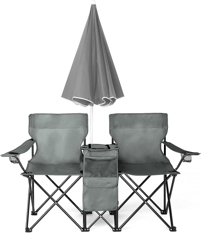 Double Camping Chair with Removable Umbrella, 2-Person Portable Folding Chair with Built-in Cooler Bag, Cup Holders & Storage Pockets, Heavy Duty Loveseat for Beach, Picnic, Fishing, Grey