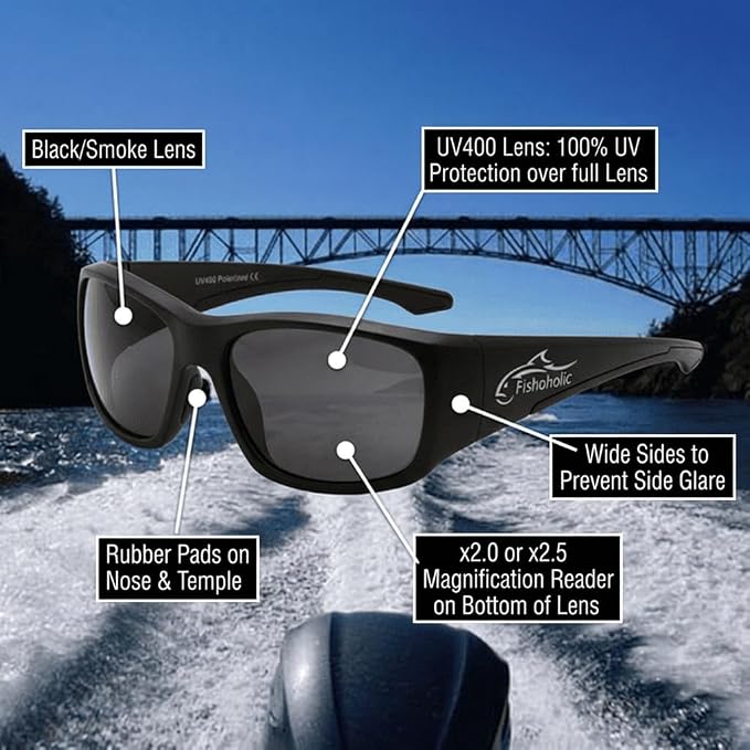 Fishoholic Polarized Bi-Focal Fishing Sunglasses with Reader Magnification (1.5x, 2.0x, 2.5x Options) and UV400 Protection