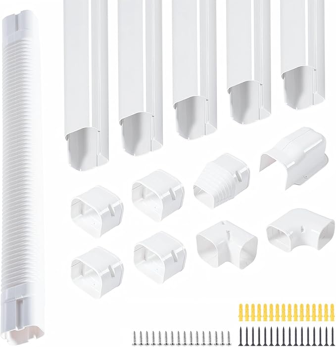 3 Inch 10Ft PVC Mini Split Line Set Cover, Paintable Slim Decorative Tubing Kit for Ductless Air Conditioners, Central AC, Heat Pump Systems, HVAC Line Hide - white