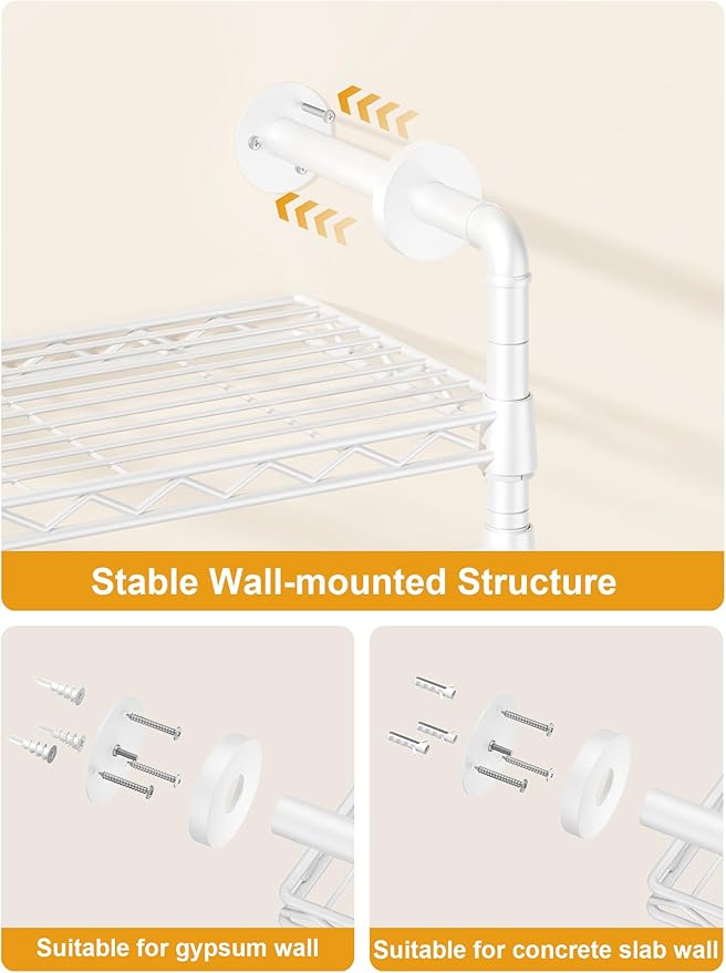M6 Clothes Rack for Wall Mounted, Heavy Duty Closet Wardrobe System with 8 Shelves and 4 Hanger Rods, 68.5" W x 11.8" D x 86.6" H Clothing Storage Organizer for Holding 1064lbs, White