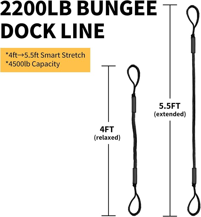 2-Pack Bungee Dock Lines for Boats with Loops, Boat Tie Downs for Docking, Adjustable Boat Mooring Rope for Pontoon, Jon Boat & PWC (Black, 4 FT)
