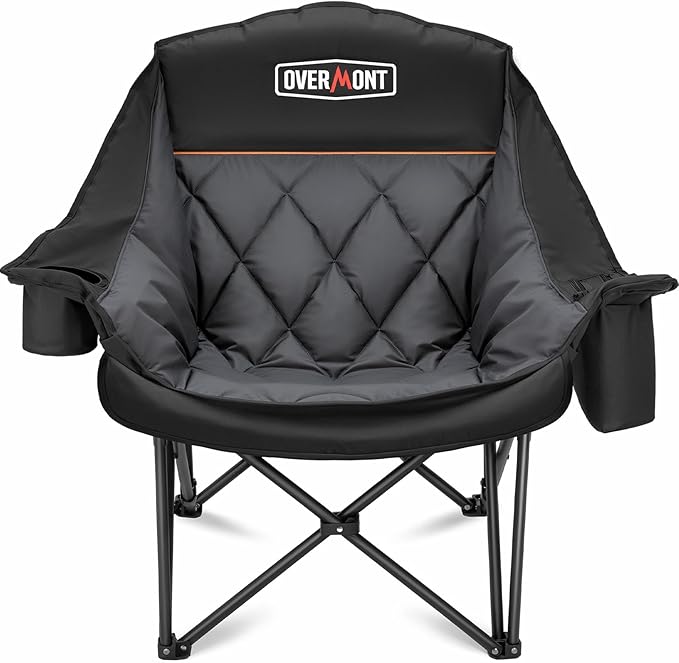 Overmont Oversized XL Camping Chair for Adults - 500lbs Support Heavy-Duty Padded Folding Chair with Side Pocket Cup Holder Cooling Bag for Outdoor Sports Garden Beach Fishing Lawn Black