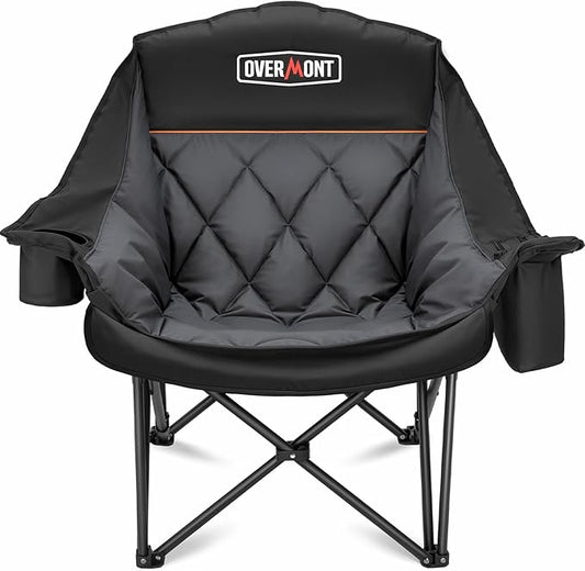 Overmont Oversized XL Camping Chair for Adults - 500lbs Support Heavy-Duty Padded Folding Chair with Side Pocket Cup Holder Cooling Bag for Outdoor Sports Garden Beach Fishing Lawn Black