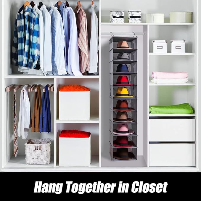 LADYBRO Hat Rack for Closet Hat Organizer 10 Shelf Organizer Fedora Trilby Hanging Storage Display Hanger Holder Caps Oxford Cloth Grey Space Saving
