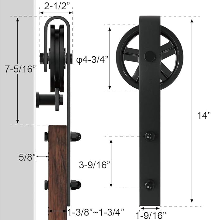 WINSOON 5-16FT Single Wood Sliding Barn Door Hardware Kit 5FT Basic Black Big Spoke Wheel Roller Garage Closet Carbon Steel Flat Track System (5FT)