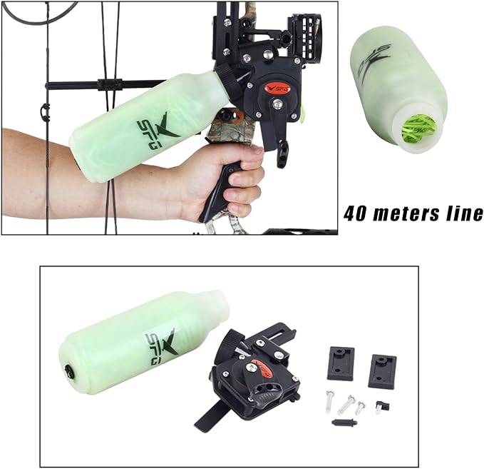 SPG Bowfishing Reel Archery Bottle Bow Fishing Reels Kits with 40M Fishing Rope Bow Mounted Attachment for Right Hand Compound Bow Recurve Bow Accessories