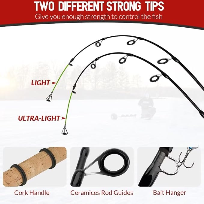 QualyQualy Ice Fishing Rod Reel Combo Complete Set Ice Fishing Gear with Backpack Seat Ice Cleats Ice Fishing Jigs Line Full Ice Fishing Kit 24" 26"