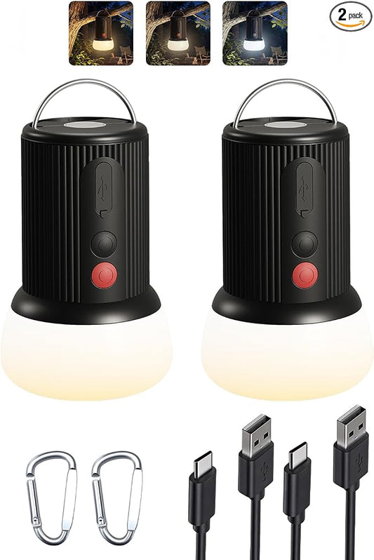 LED Rechargeable Camping Lantern with Hook - 6000mAh Emergency Outdoor Camping Lights, IPX5 Water Resistant Portable Tent Lights for Hiking, Backpacking, Fishing, Outages (Black 2Pack)