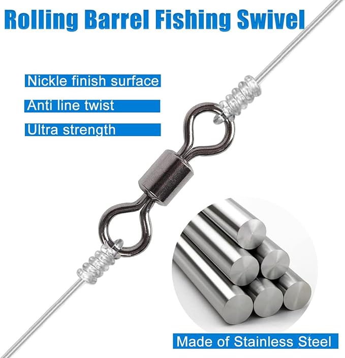 250pcs Fishing Swivel Rolling Barrel Swivel Stainless Steel Swivels Corrosion Resistance Black Nickle Connector for Freshwater Saltwater Fishing Tackle #2#4#6#8#10