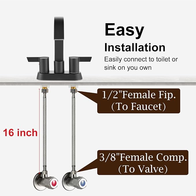 Midanya Faucet Supply Lines,16" Stainless Steel Braided Water Supply Line, 1/2" FIP x 3/8" COMP Faucet Hose, Faucet Hose Connector x 2 Pcs (1 Pair)