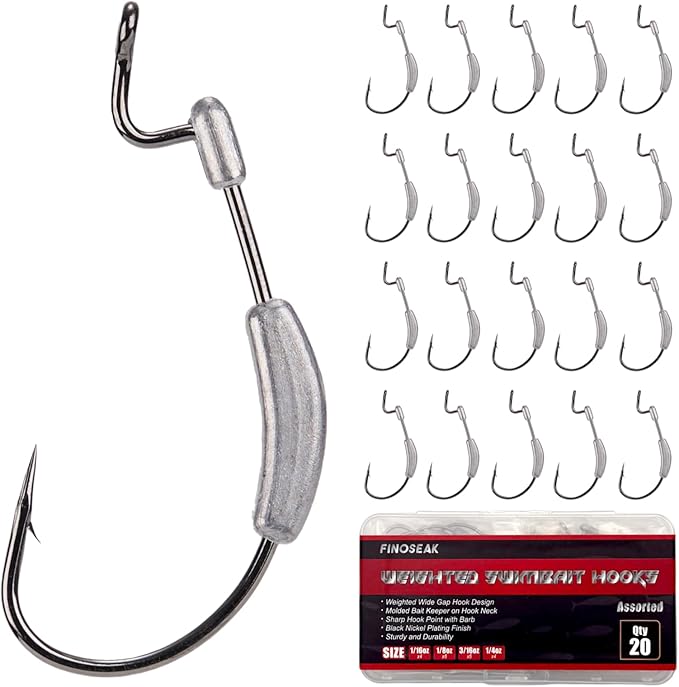 20Pcs Weighted Bass Fishing Hooks Set, Customized Swimbait Hooks Wide Gap Weedless Worm Fish Hook with Molded Bait Keeper 1/0 2/0 3/0 4/0